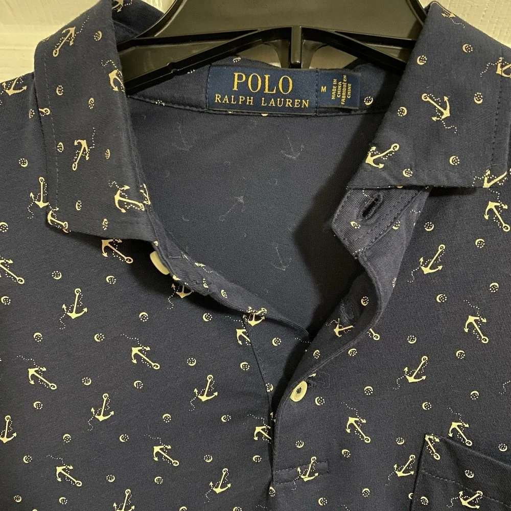 Polo Ralph Lauren Men's Navy Blue Anchor Print Polo Shirt Size M Pocket